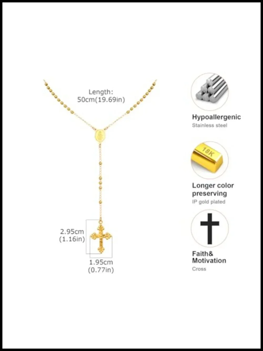 18K Gold Plated Stainless Steel Rosary Necklace with Virgin Mary Pendant